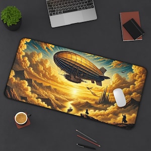 May include: A fantasy-themed mousepad with a large, golden airship floating above a landscape of clouds and mountains. The airship has a large, round body and a long, pointed tail. The mousepad is decorated with a sunset sky and a few small figures in the distance.