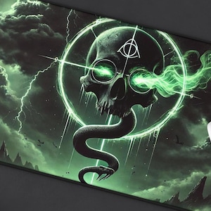 May include: Green and black mousepad with a skull and snake design. The skull has glowing green eyes and a symbol on its forehead. The snake is wrapped around the skull and has a green glow.