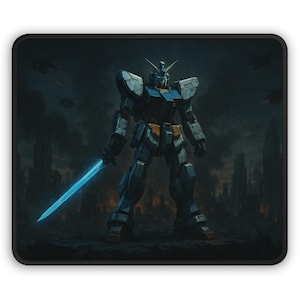 Mecha Warrior with Blue Energy Sword Gaming Mouse Pad  Sci-Fi Robot Battle Desk Mat