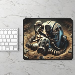 May include: A rusty, weathered, and worn metal helmet with a black face mask and a breathing apparatus. The helmet is partially buried in sand and dirt.