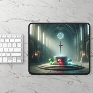 May include: Black-edged rectangular mousepad featuring a digital illustration of a fantasy scene. A glowing sword is in a stone structure, with green, red, and blue gems. The background shows a cathedral-like interior.