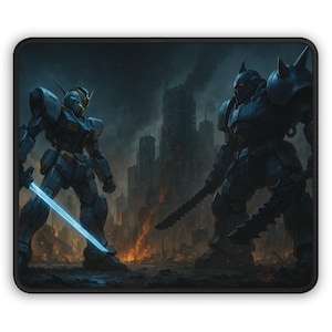 Mecha Duel Gaming Mouse Pad | Futuristic Robot Battle, Neon Sword, Dark Cityscape