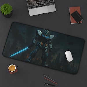 Mecha Warrior with Blue Energy Sword Desk Mat | Sci-Fi Robot Battle Mousepad