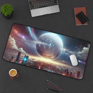 May include: A large rectangular mousepad featuring a futuristic cityscape with a large, glowing sphere in the sky. The design incorporates vibrant colors and a detailed, sci-fi inspired aesthetic. A white mouse and other office supplies are on the dark surface.