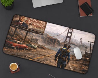 Vault Dweller Fallout landscape Desk Mat | Post-Apocalyptic Golden Gate mousepad