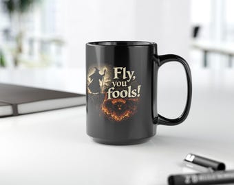 Fly You Fools! Lord of the Rings Black Mug | Gandalf Vs Balrog, Eye of Sauron