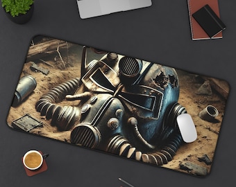 Tapis de bureau pour casque d'armure assistée marqué par la bataille Fall Out, guerre... La guerre ne change jamais