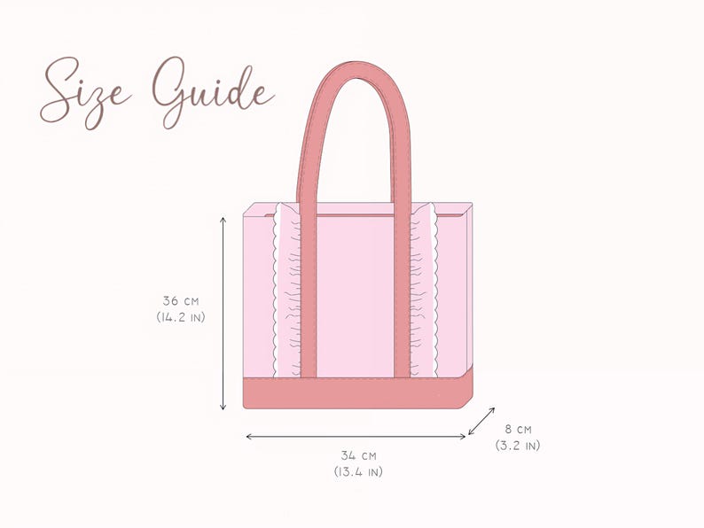 May include: A light pink tote bag with dark pink handles and a dark pink base, featuring white ruffled trim along the vertical seams. The text Size Guide is displayed above. Dimensions are 36 cm (14.2 in) high, 34 cm (13.4 in) wide, and 8 cm (3.2 in) deep.