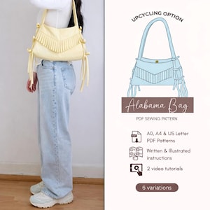 May include: A pale yellow shoulder bag with fringe detailing and side ties, presented alongside a digital sewing pattern titled Alabama Bag, which includes PDF files for A0, A4, and US Letter sizes, written instructions, and two video tutorials.