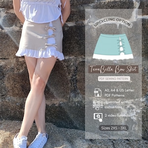 Op de afbeelding: Een beige rok met witte ruches en strikaccenten. De rok wordt gecombineerd met een witte top. De afbeelding bevat ook een afbeelding van een blauwe rok met strikdetails en de tekst "TerraBella Bow Skirt" en "PDF Sewing Pattern".
