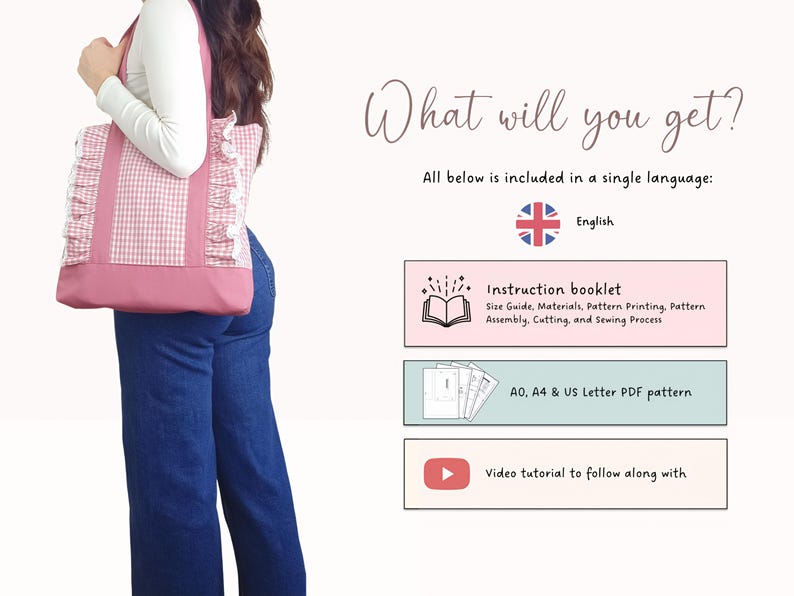 May include: A pink and white gingham tote bag with ruffled side accents and a solid pink base. The text reads: What will you get? All below is included in a single language: English. Instruction booklet, A0, A4 & US Letter PDF pattern, Video tutorial.