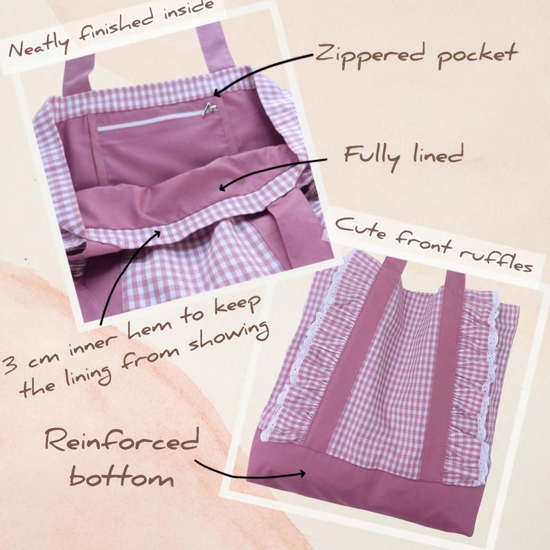 May include: A mauve and white gingham tote bag featuring front ruffles with white lace trim, a reinforced bottom, and two handles. The interior is fully lined with a mauve fabric, including a zippered pocket and a 3 cm inner hem.