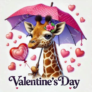 May include: A cute giraffe holding a pink heart balloon and a pink and purple polka dot umbrella. The giraffe is wearing a pink flower on its head. The text "Valentine's Day" is written below the giraffe.