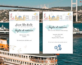 Istanbul Wedding Stationery: Hand-Drawn Invitation & Save the Date (Canva Template