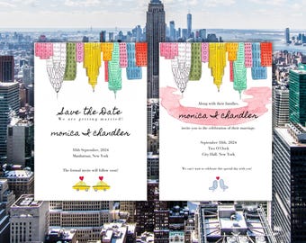 New York Skyline Wedding Invitation & Save the Date | Watercolor Canva Template