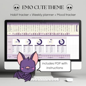 Puede incluir: Una pantalla de ordenador muestra un planificador digital con un "EMO CUTE THEME". El planificador incluye un rastreador de hábitos, un planificador semanal y un rastreador de estado de ánimo. Un gráfico de murciélago de dibujos animados está en primer plano. El texto "includes PDF with instructions" también es visible.
