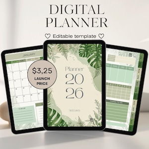 Puede incluir: Tres plantillas de planificador digital en tabletas. La tableta central muestra "Planner 2026" con ilustraciones botánicas. La tableta izquierda muestra un calendario de enero, y la derecha una lista de tareas. Un círculo indica el precio de lanzamiento.