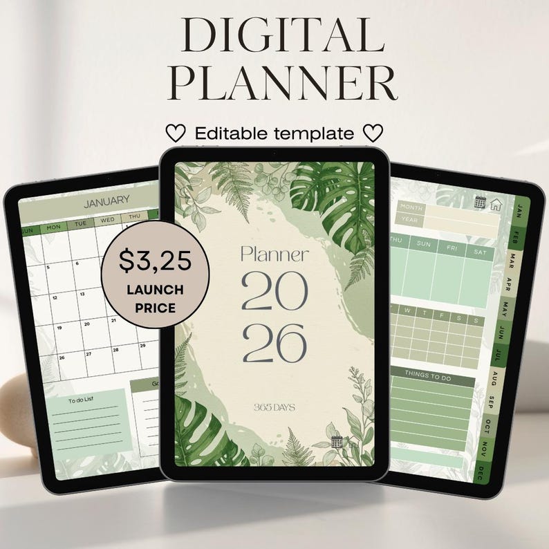 May include: Three digital planner templates on tablets. The central tablet displays "Planner 2026" with botanical illustrations. The left tablet shows a January calendar, and the right one has a to-do list. A circle indicates the launch price.
