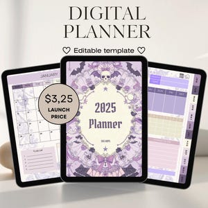 Puede incluir: Tres planificadores digitales en tabletas. El planificador central presenta un diseño de 2025 con un motivo de calavera y murciélago. El texto "DIGITAL PLANNER" y "Editable template" están en la parte superior. También se muestra un precio de lanzamiento de 3,25 $.