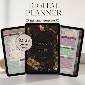 Puede incluir: Tres plantillas de planificador digital mostradas en tabletas. La tableta central muestra "PLANNER 2026" con ilustraciones florales y de velas. El texto "DIGITAL PLANNER" y "Editable template" están en la parte superior. También se muestra un precio de lanzamiento de 3,25 $.