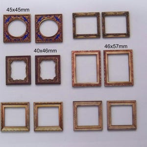 May include: Assortment of eight decorative picture frames in various sizes. The frames are made of wood and have a gold or brown finish. The frames are arranged in two rows of four. The frames are labelled with their dimensions in millimetres. 45x45mm, 40x46mm, 46x57mm.