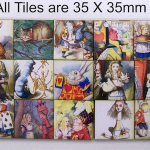 May include: A set of 12 colourful ceramic tiles featuring illustrations from Alice in Wonderland. Each tile is 35mm x 35mm and depicts a different character or scene from the book, including Alice, the Mad Hatter, the Cheshire Cat, and the Queen of Hearts.