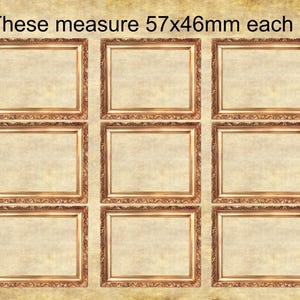 May include: Nine gold-coloured picture frames with ornate detailing. Each frame measures 57x46mm. The frames are arranged in three rows of three.