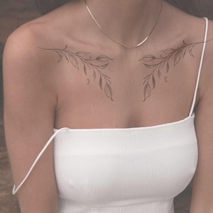Leaves collarbone tattoo, fine line floral downloadable design