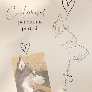 May include: Customized pet outline portrait with a sketch of a dog's head and a photo of a dog. The word "Customised" is written in cursive. A heart is drawn above the sketch and photo. The dog's name "Penny" is written in cursive.