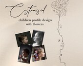 Custom Children Silhouette Portrait of 4 with Flowers, Fine Line digital tattoo art