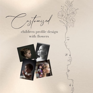 Custom Children Silhouette Portrait of 4 with Flowers, Fine Line digital tattoo art