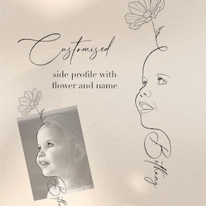 Side profile with birth flower, personalised baby silhouette and name digital design