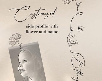 Side profile with birth flower, personalised baby silhouette and name digital design