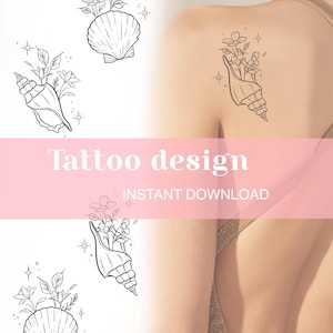 Puede incluir: Una descarga digital de un diseño de tatuaje que presenta una concha con flores y estrellas. El diseño se muestra en el hombro de una persona.