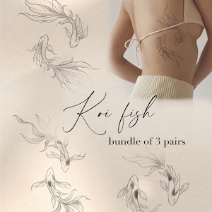 Tatuaje marino de líneas finas: paquete de 3 diseños de peces koi, plantilla imprimible japonesa.