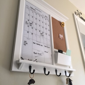 White Dry Erase Calendar Framed Kitchen or Office with Bulletin Board and Mail Pocket Organizer Storage Shelf Keyhook Command Center