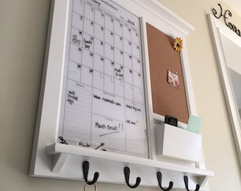 White Dry Erase Calendar Framed Kitchen or Office with Bulletin Board and Mail Pocket Organizer Storage Shelf Keyhook Command Center