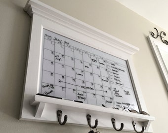 Dry Erase Calendar Family Organizer,  Framed Monthly Weekly Planner with White Dry Erase Calendar. Home Decor Organizer Shelf with Keyhooks