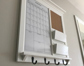 Framed Dry Erase Calendar and Bulletin Board with Double Mail Pocket Organizer Storage Shelf White Dryerase Family Command Center Home Decor