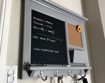 Wall Chalkboard and Bulletin Board Command Center Home Decor Planner. Office Message Center with Shelf, Mail Organizer, and Face Mask Hooks