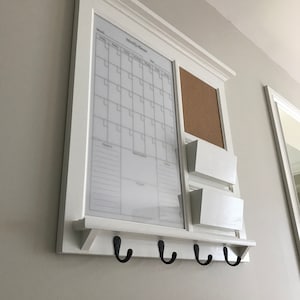 Framed Dry Erase Calendar and Bulletin Board with Double Mail Pocket Organizer Storage Shelf White Dryerase Family Command Center Home Decor