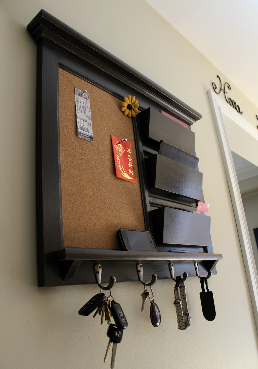 Fox Chase Wall Organizer, Mail Holder, Corkboard & Hooks