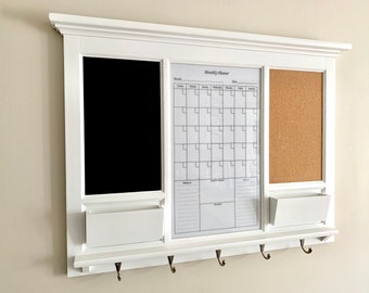 Dry Erase White Board Calendar Framed for Kitchen Home Office Wall, Bulletin Board, Chalkboard Mail Pockets, Shelf Keyhook Command Center