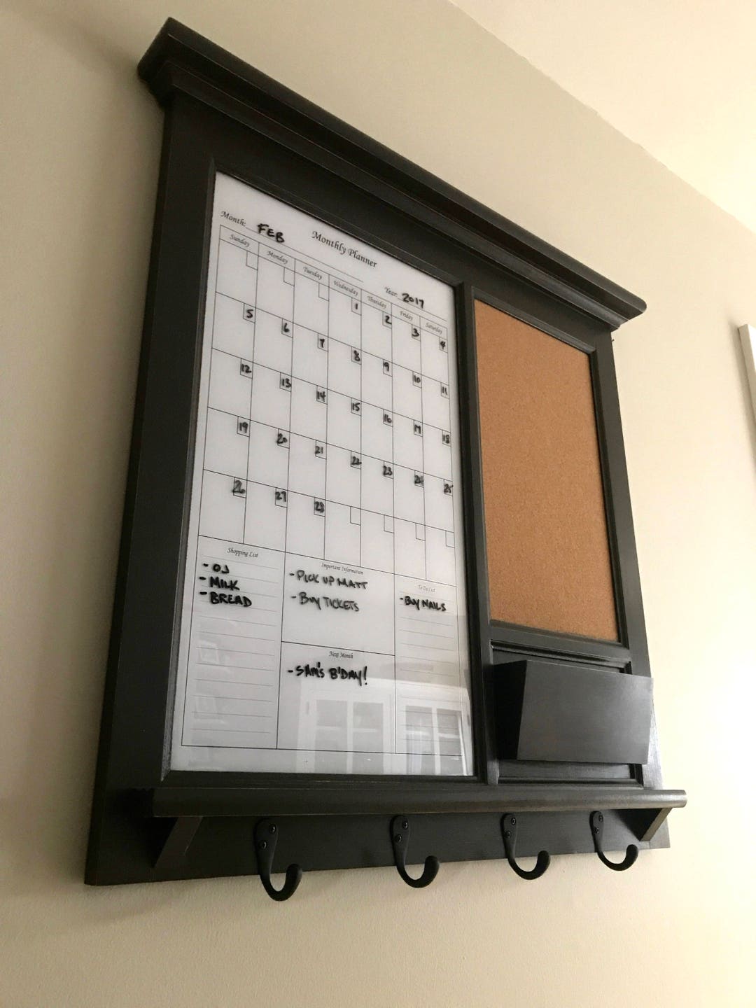 Framed Dry Erase Calendar for Kitchen or Office, White Calendar With  Bulletin Board Mail Pocket Organizer, Shelf, and Keyhook Command Center  - Main Image