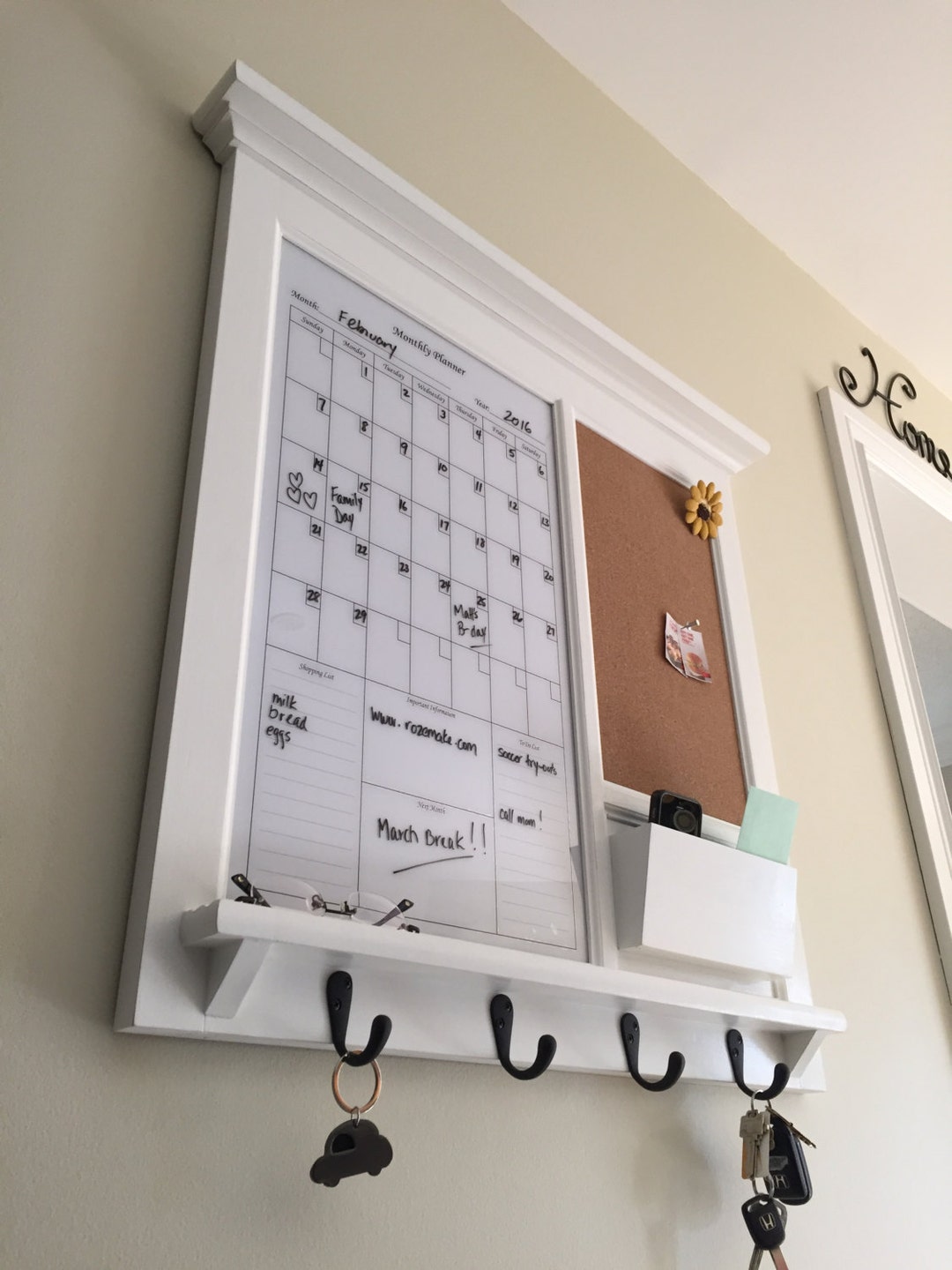 White Dry Erase Calendar Framed Kitchen or Office With Bulletin Board ...