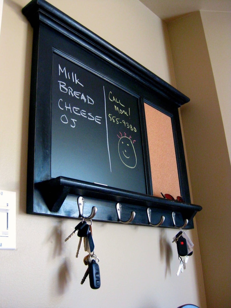 Bulletin Board Chalkboard Keyhook Organizer With Shelf Family Etsy