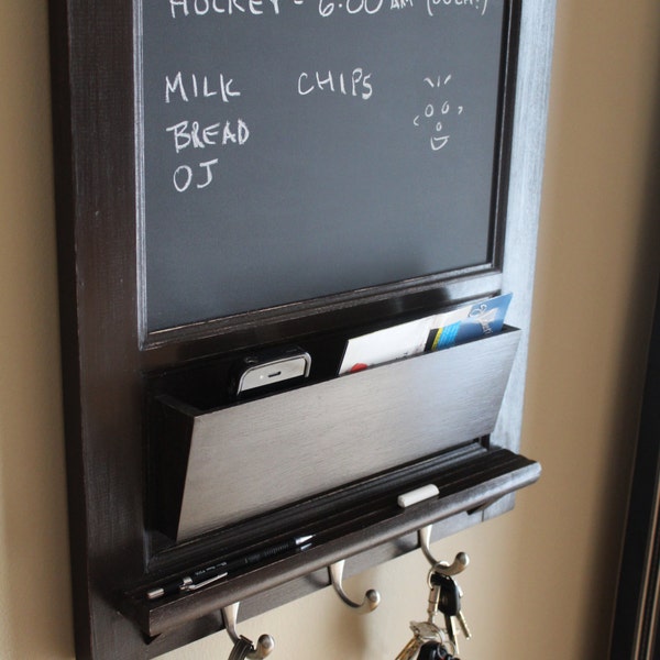 Tall Wall Chalk Board Cork Bulletin Board with Mail Organizer Storage, and Hooks.  Home Decor Family Organizer Planner Command Center