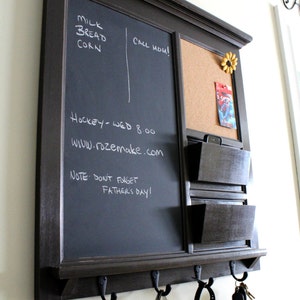 Family Planner and Organizer for Kitchen or office wall. Chalkboard and Bulletin Board with two Mail Pockets with Storage Shelf and Keyhooks