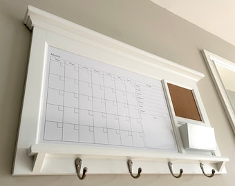 Wide Dry Erase Calendar Family Organizer,  Framed Monthly Weekly Planner with White Dry Erase Calendar with Cork Board and Mail Pocket