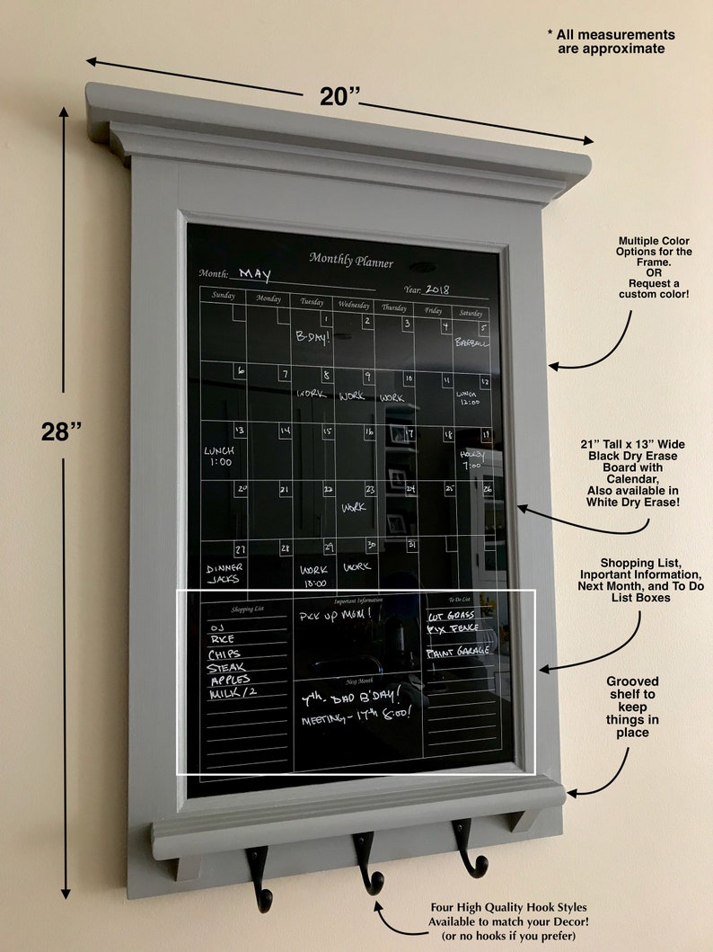 Black Dry Erase Calendar Family Planner Custom Wall Decor for Kitchen, Office, Entryway Organizer Monthly Calendar with shelf and key hooks image 2